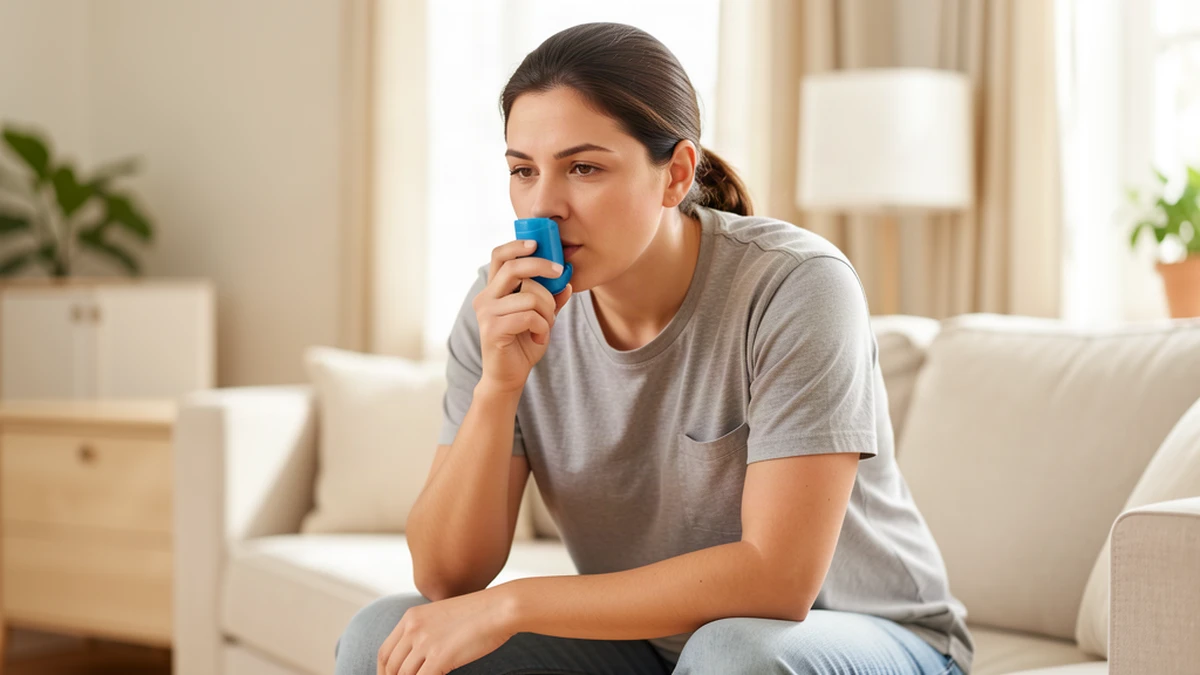 Pierwsza pomoc przy ataku astmy: inhalator z lekiem wziewnym, obok osoba siedząca z tułowiem pochylonym do przodu