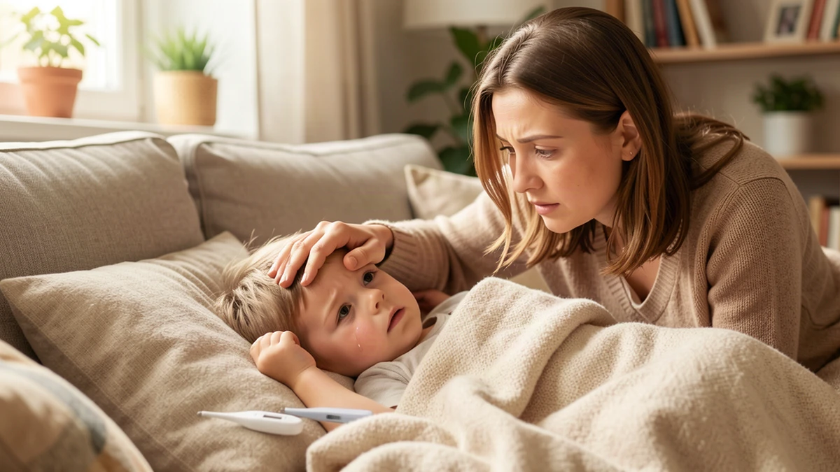 Drgawki gorączkowe u dzieci: mama sprawdza temperaturę gorączkującego malucha leżącego na kanapie