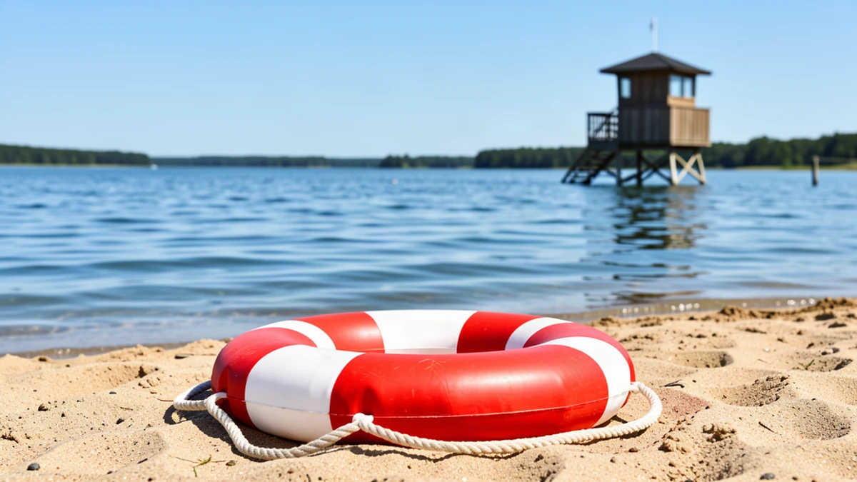 Pierwsza pomoc przy utonięciu: koło ratunkowe na plaży nad jeziorem