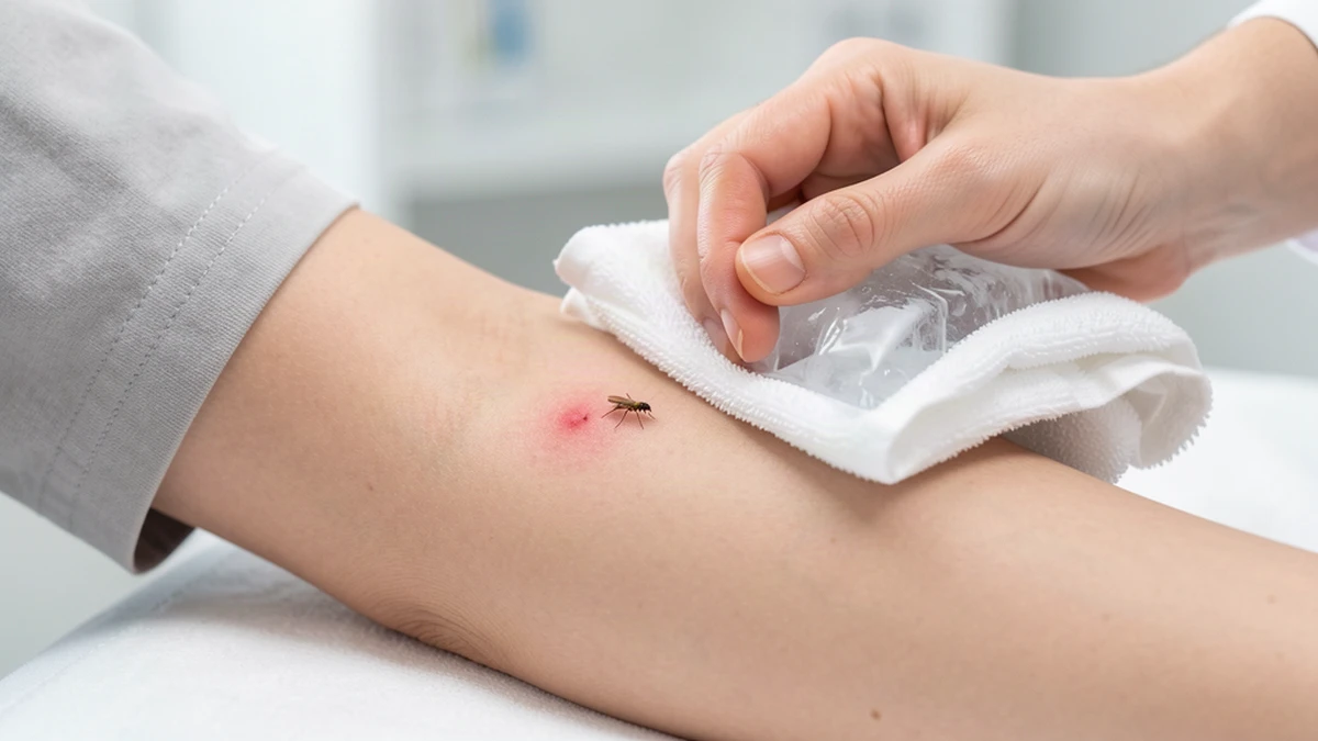 Pierwsza pomoc przy użądleniu osy: schładzanie miejsca użądlenia zimnym kompresem