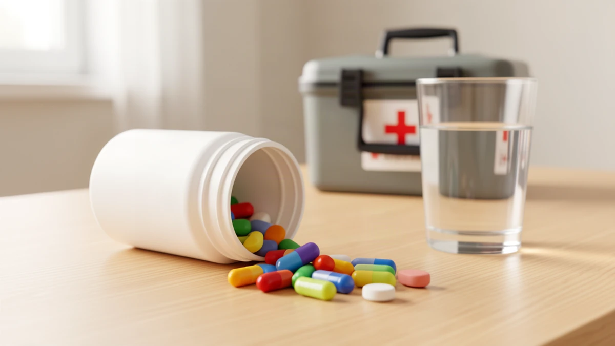 Zatrucie lekami: rozsypane tabletki i opakowania leków na stole